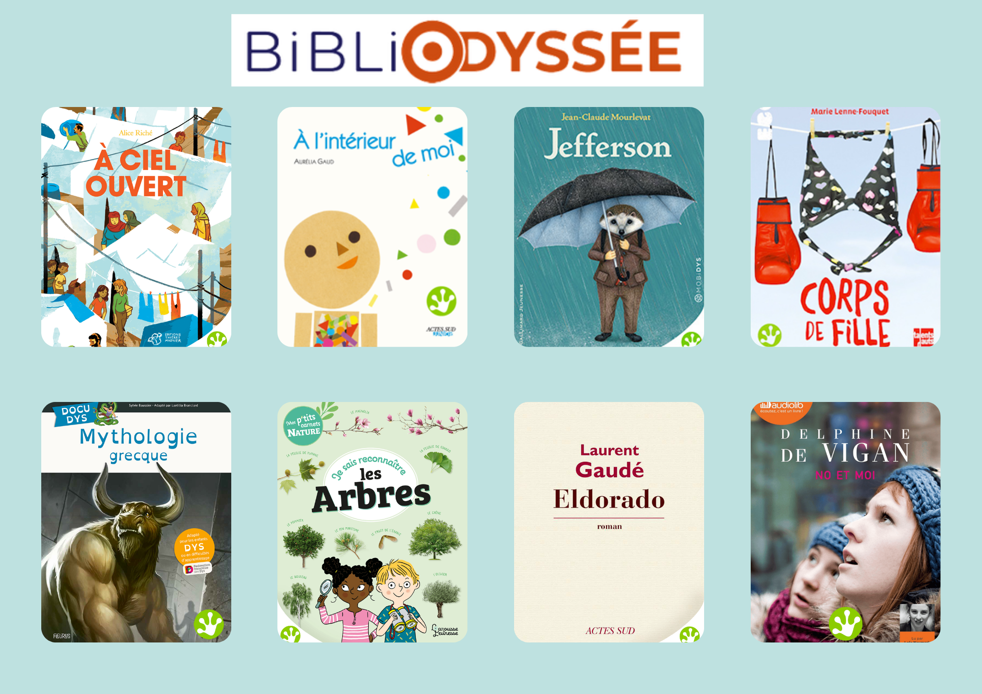Sélection de huit couvertures de livres représentatifs du catalogue Bibliodyssée