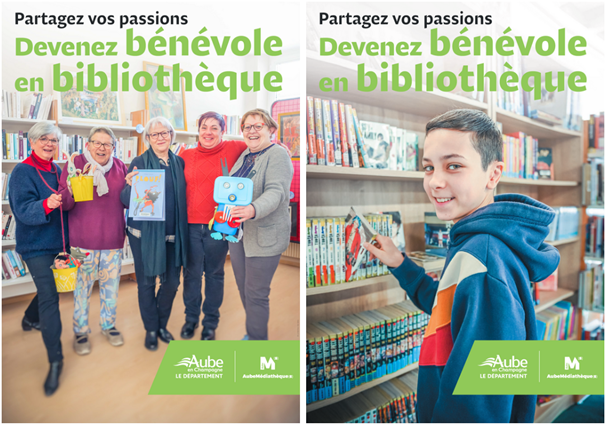 Affiche de la campagne de recrutement de bénévoles de la Médiathèque départementale de l'Aube